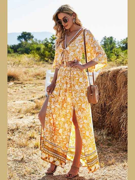 Printed Half Sleeve Top and Slit Skirt Set