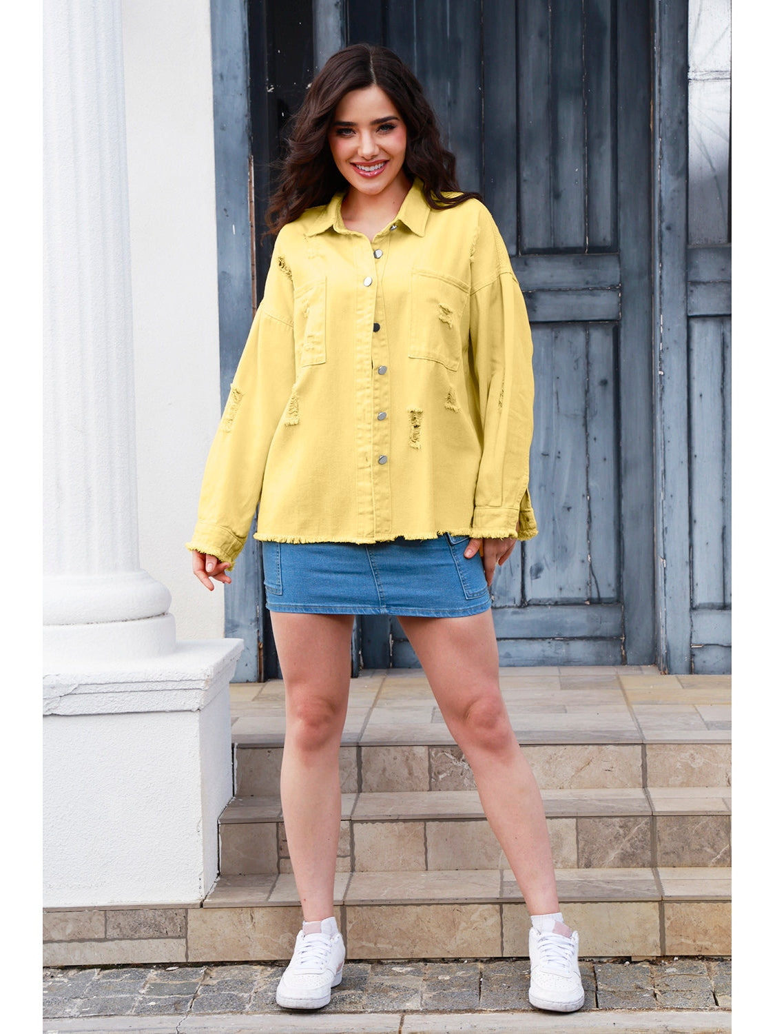 NicholesGifts Women Distressed Button Up Raw Hem Denim Jacket NicholesGifts