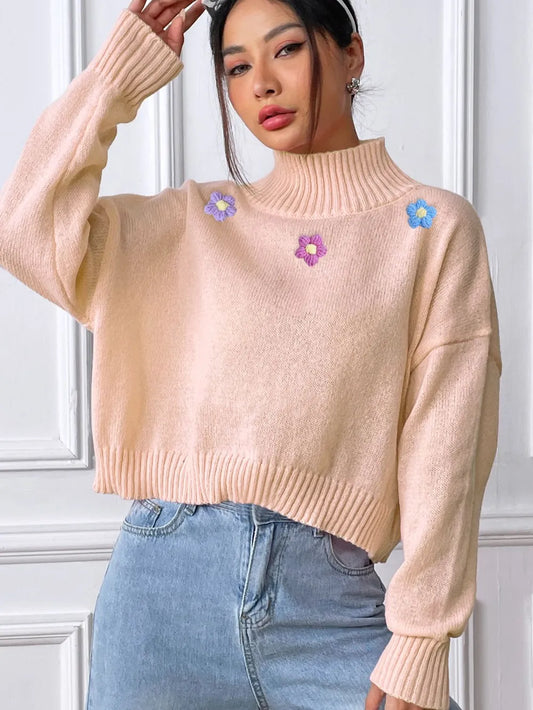 Flower Turtleneck Long Sleeve Sweater NicholesGifts