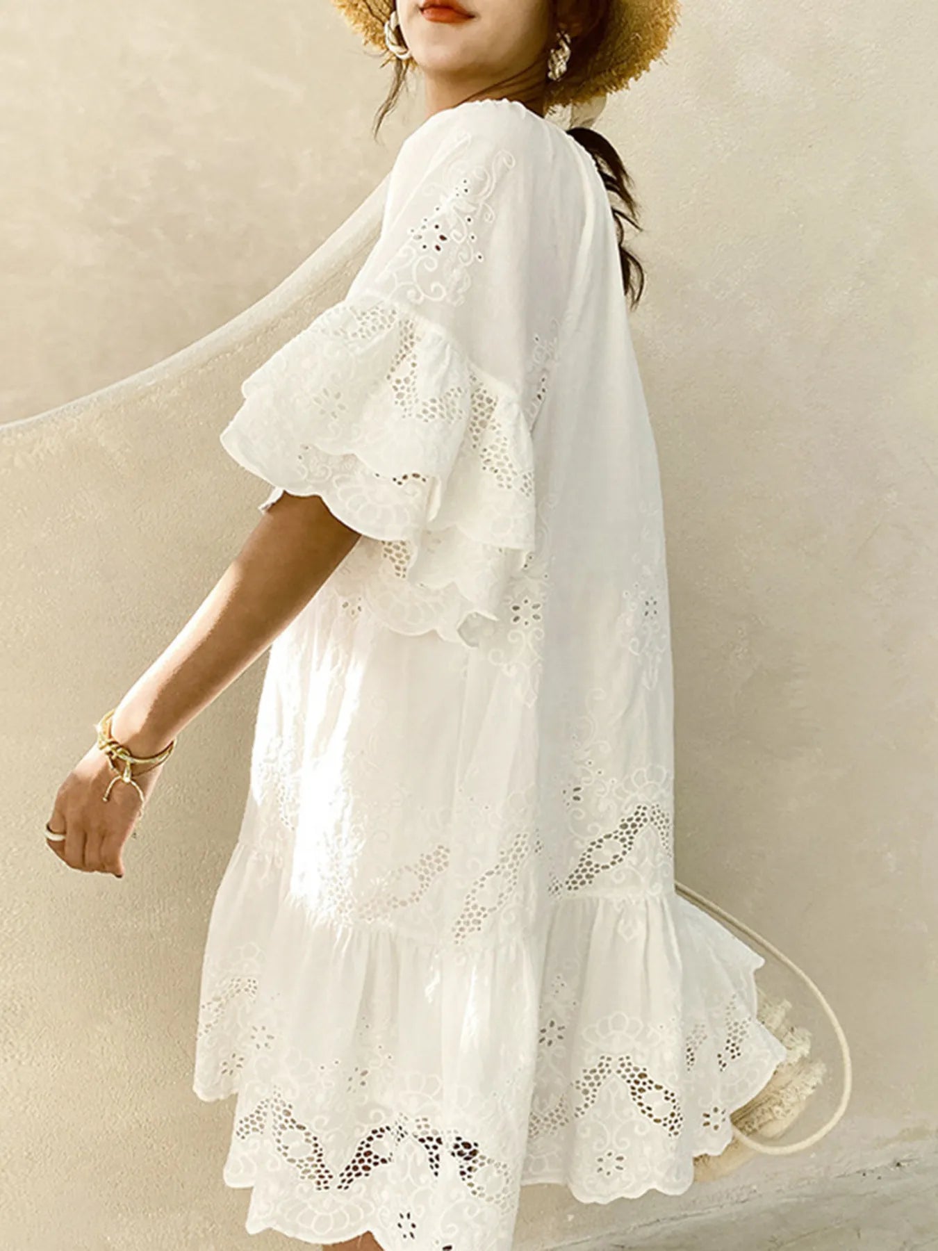 Eyelet Embroidered Tassel Tie Neck Dress Trendsi