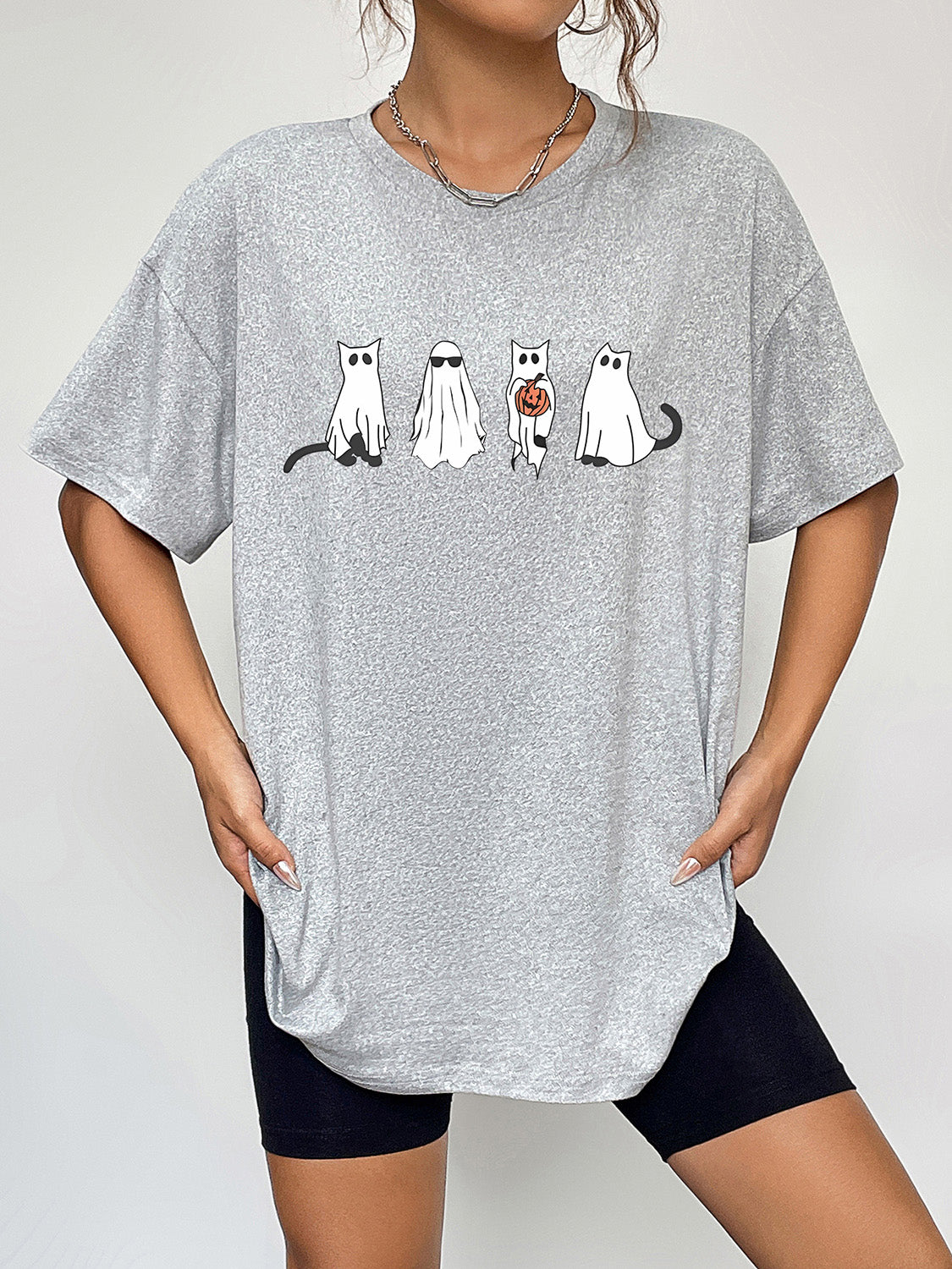 Women Round Neck Short Sleeve Ghost Graphic Halloween T-Shirt NicholesGifts