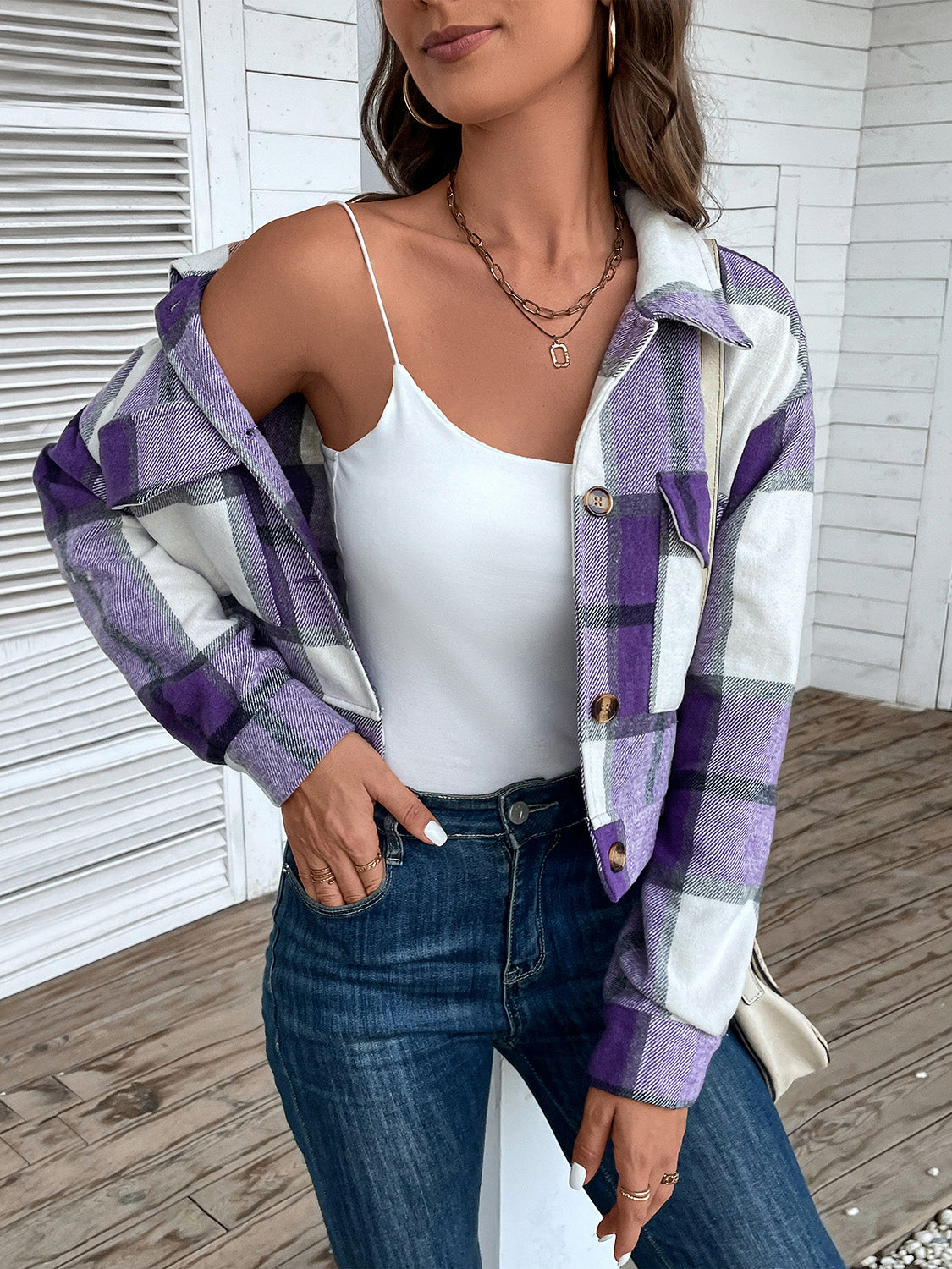 Perfee Plaid Button Up Drop Shoulder Cropped Jacket NicholesGifts