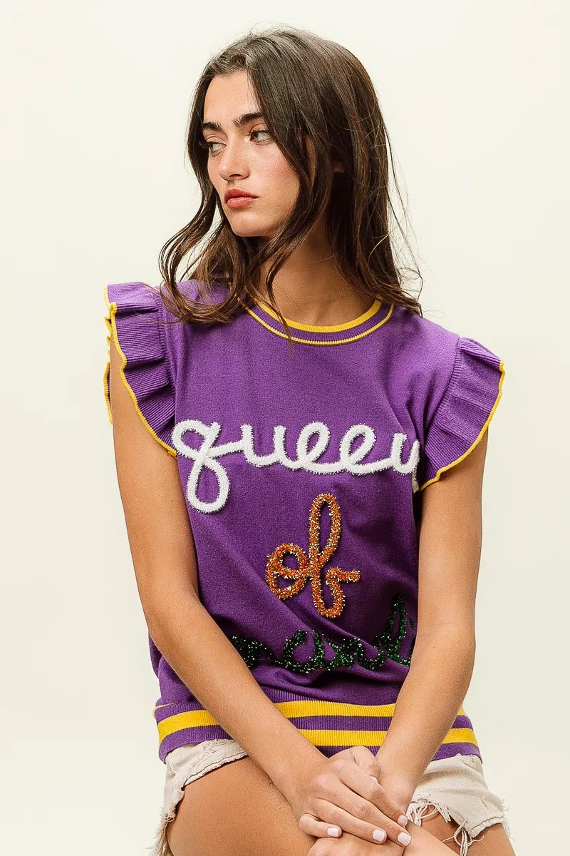 BiBi Queen Of Mardi Ruffled Armhole Sleeveless Knit Top