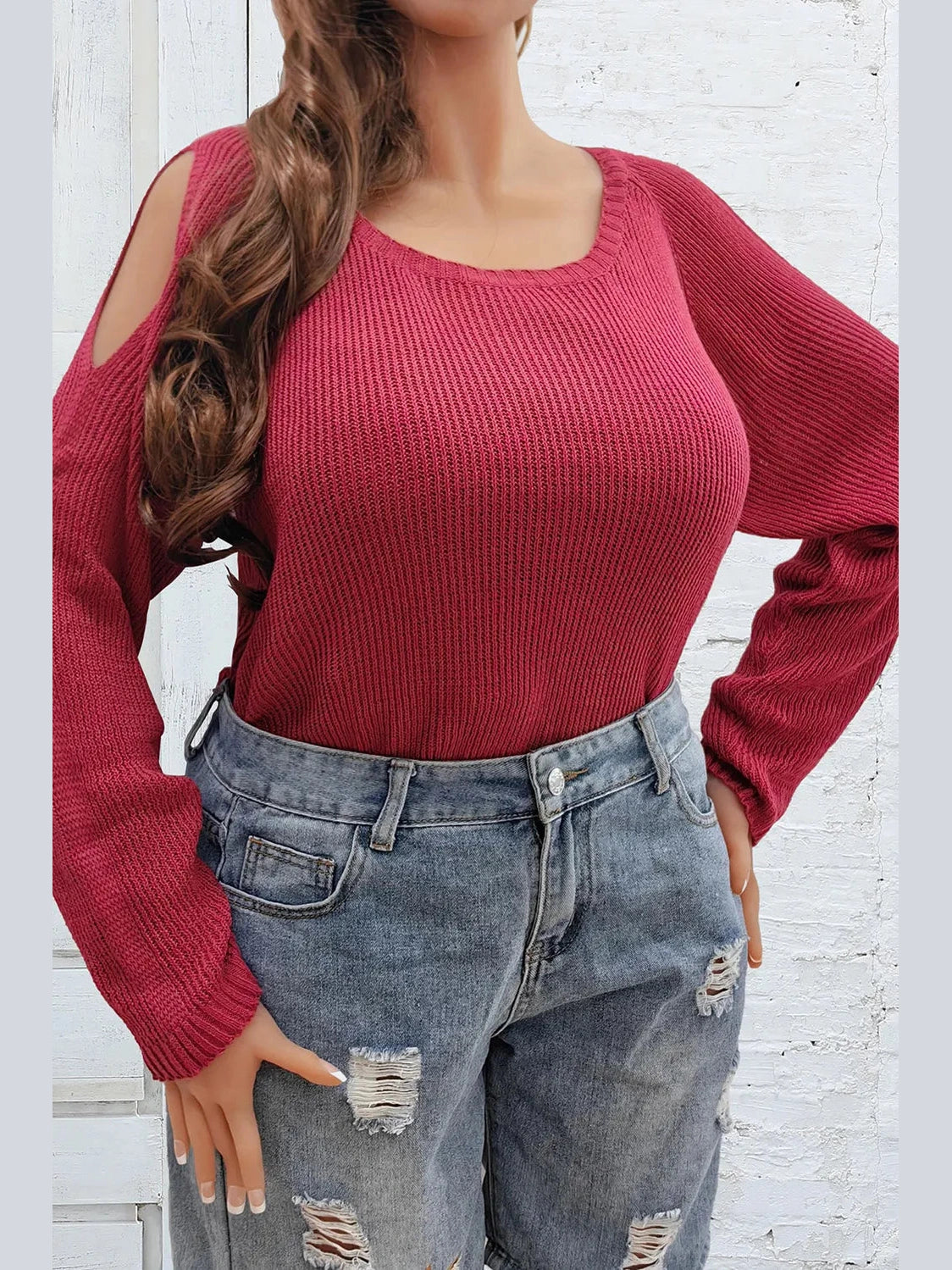 Plus Size Cold Shoulder Round Neck Sweater Trendsi