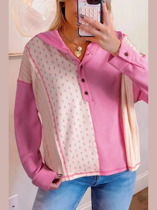 Color Block Button Detail Hoodie