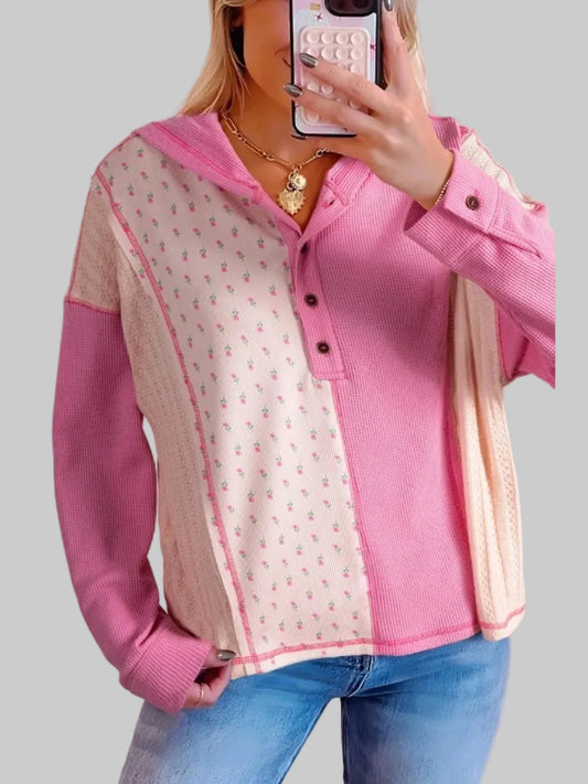 Color Block Button Detail Hoodie nicholesgifts