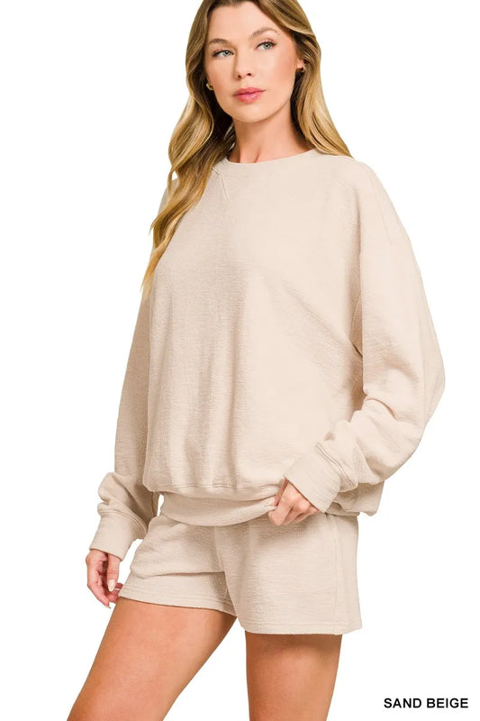 Zenana Slub Long Sleeve Top and Shorts Set Trendsi