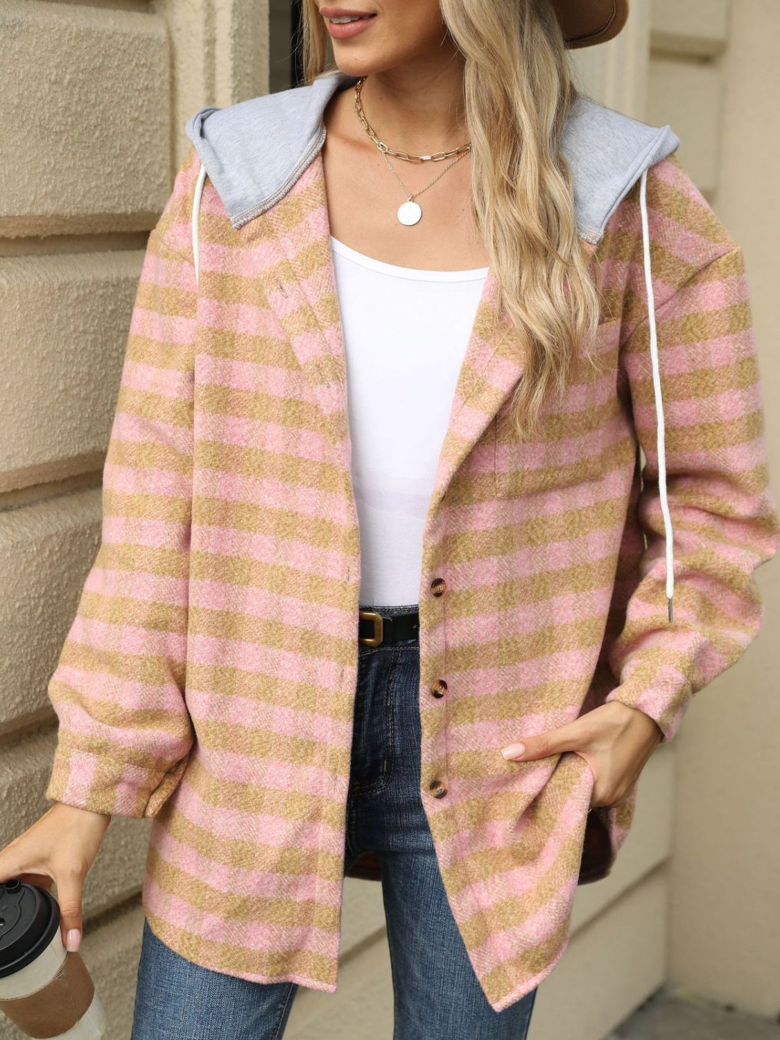 NicholesGifts Women Drawstring Plaid Long Sleeve Hooded Jacket NicholesGifts