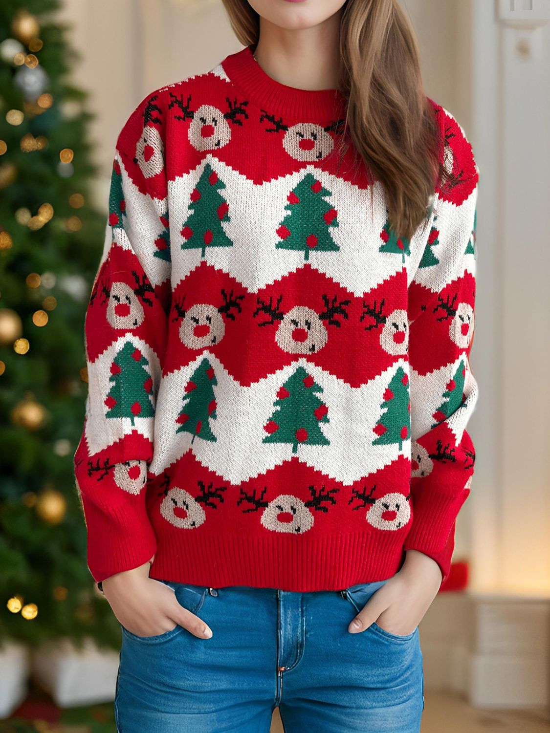 Christmas Element Round Neck Long Sleeve Sweater NicholesGifts