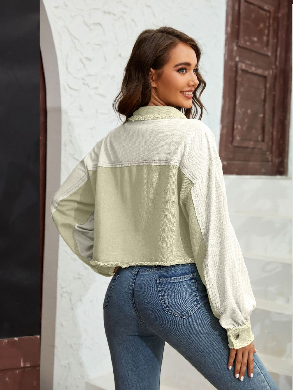 Color Block Crop Jacket with Pockets nicholesgifts