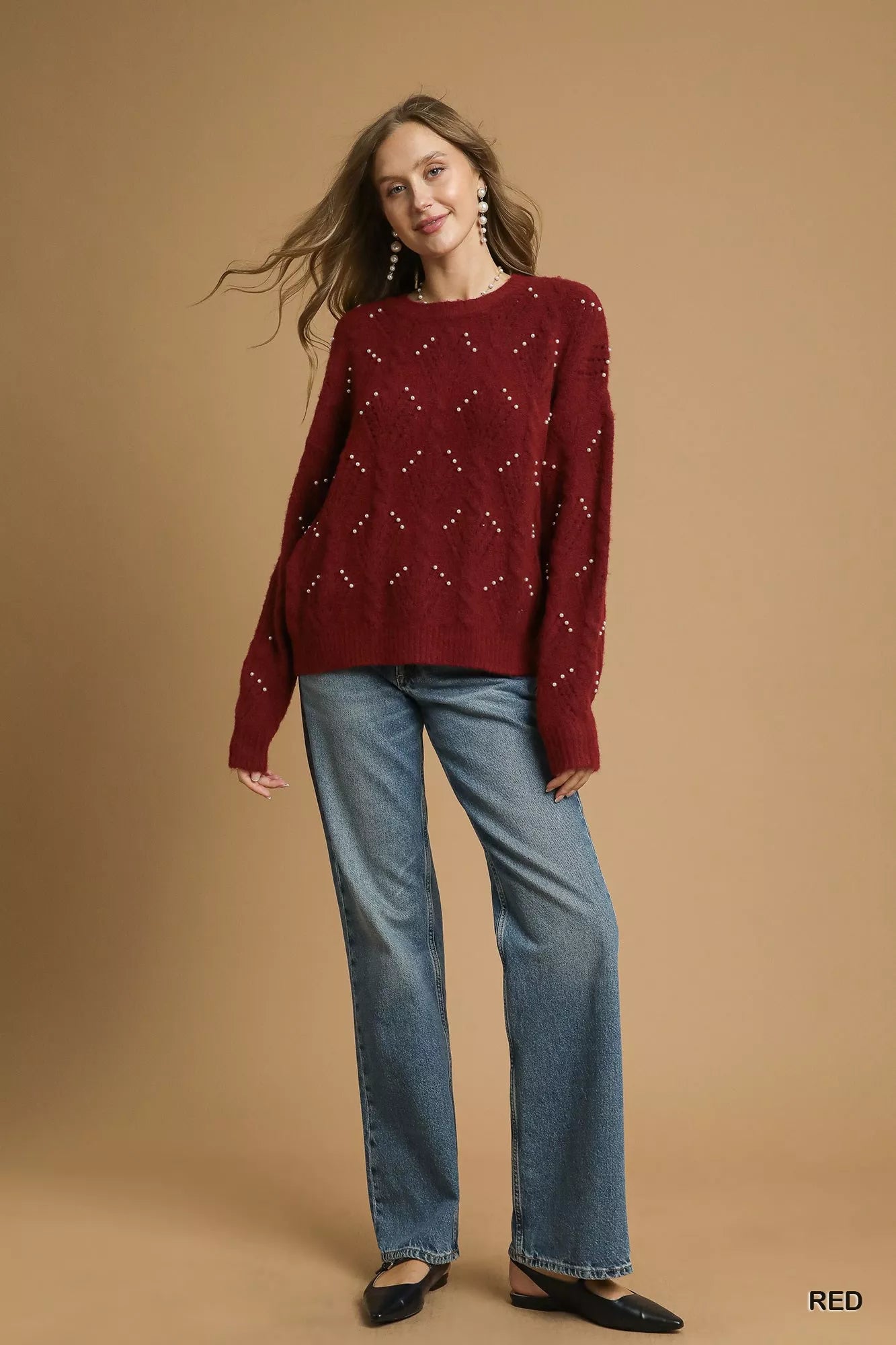 Umgee Pearl-Embellished Long Sleeve Sweater