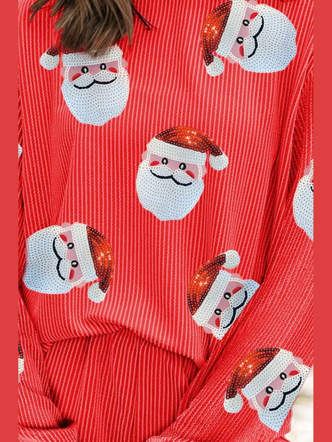 Sequin Santa Round Neck Long Sleeve Top and Shorts Set NicholesGifts