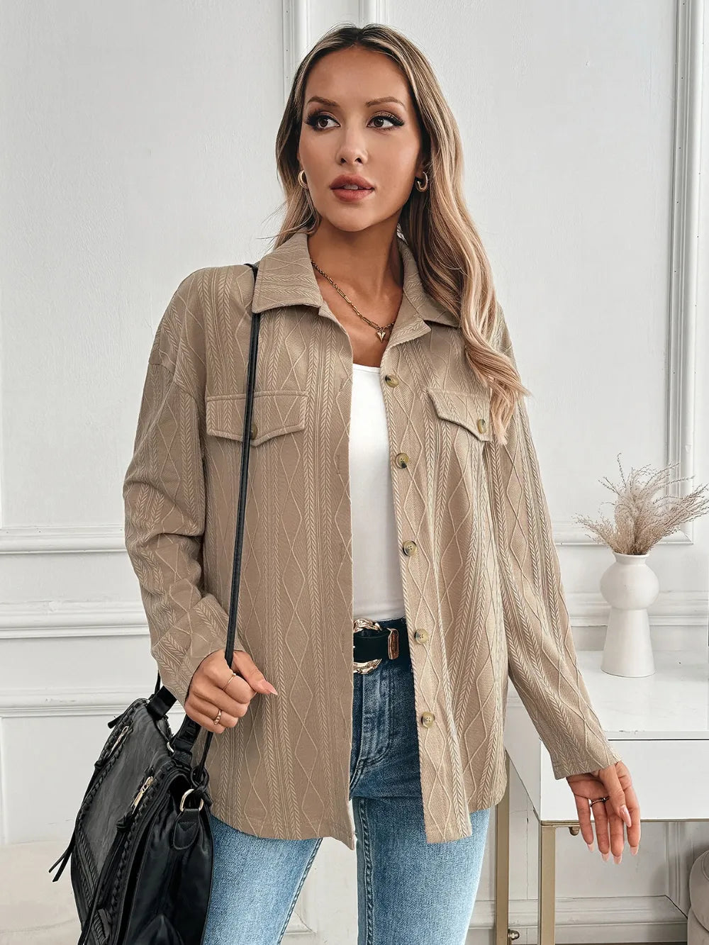 Textured Collared Neck Button Down Shacket nicholesgifts