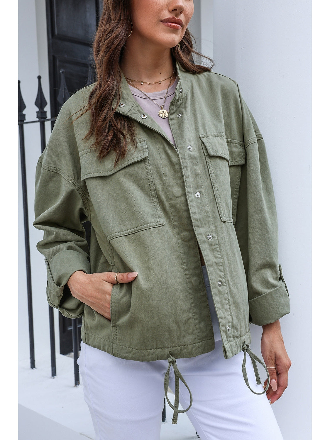 Drawstring Snap Down Dropped Shoulder Denim Jacket NicholesGifts