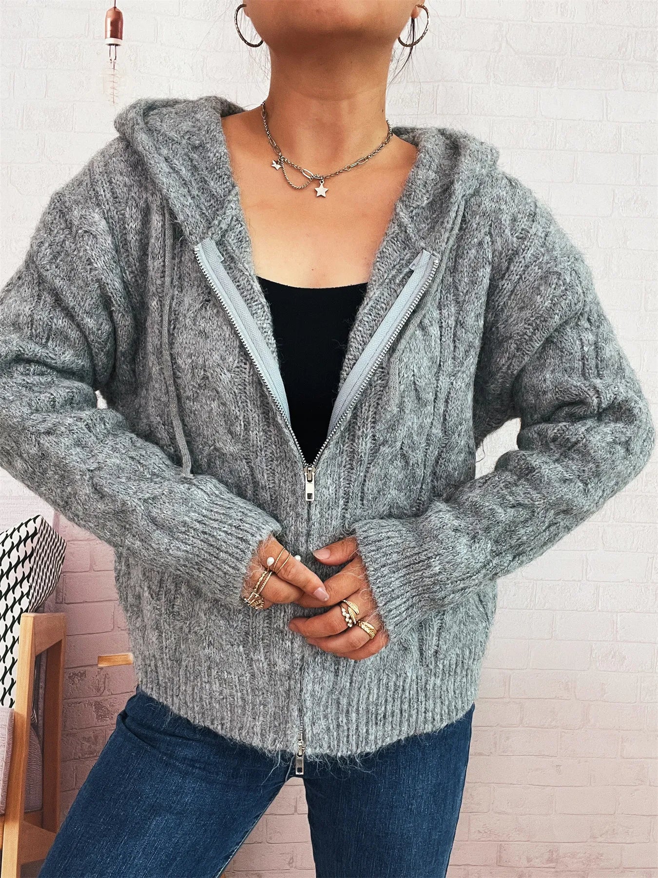 Cable Knit Hooded Zip-Up Cardigan