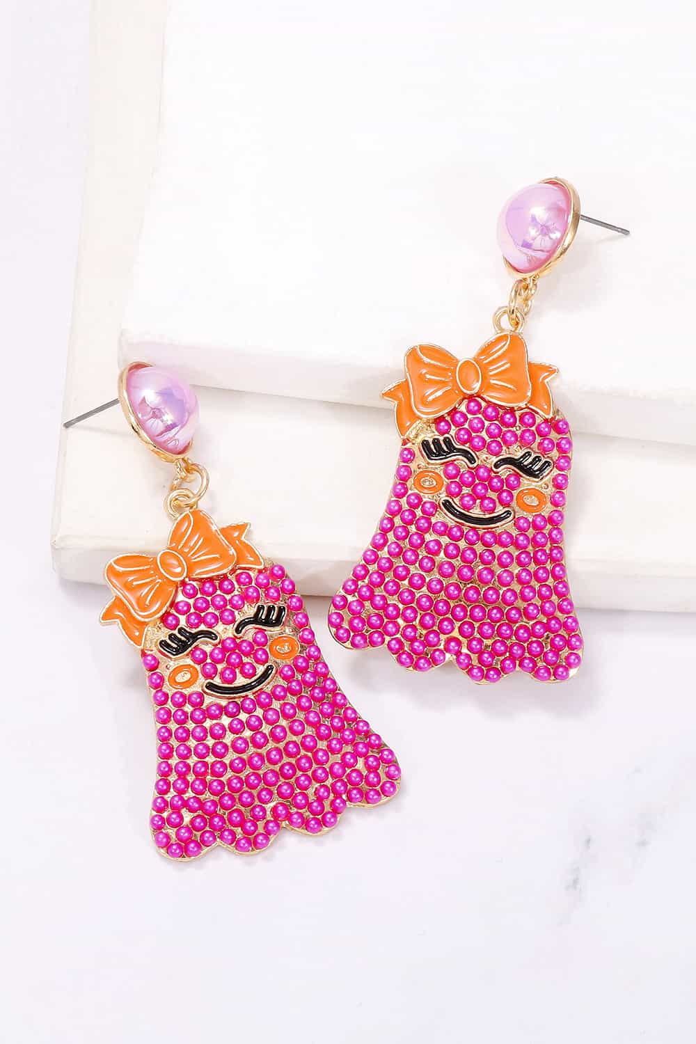 Women Smiling Ghost Shape Synthetic Pearl Earrings NicholesGifts