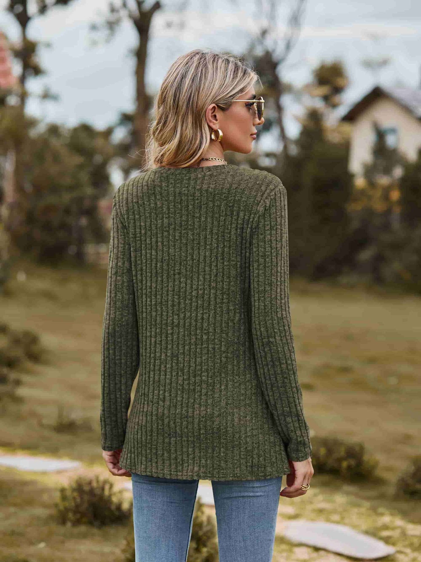 Ribbed Round Neck Long Sleeve Tee nicholesgifts