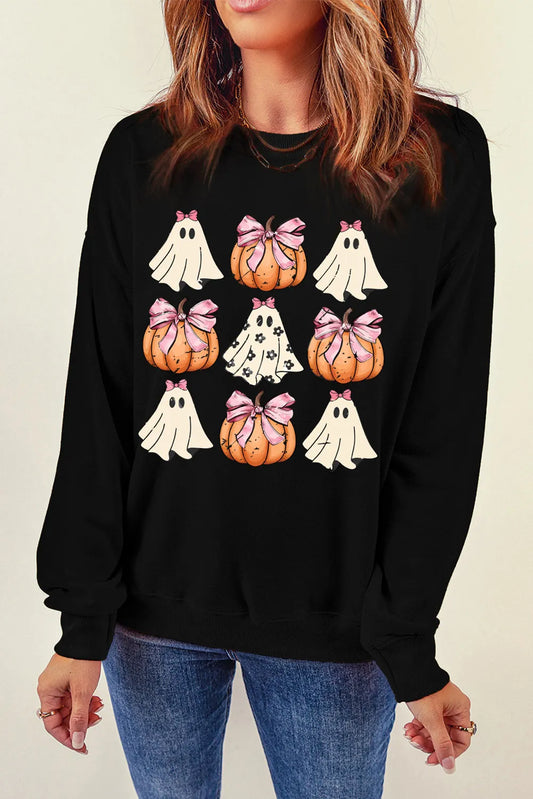 Pumpkin & Ghost Round Neck Long Sleeve Sweatshirt Trendsi