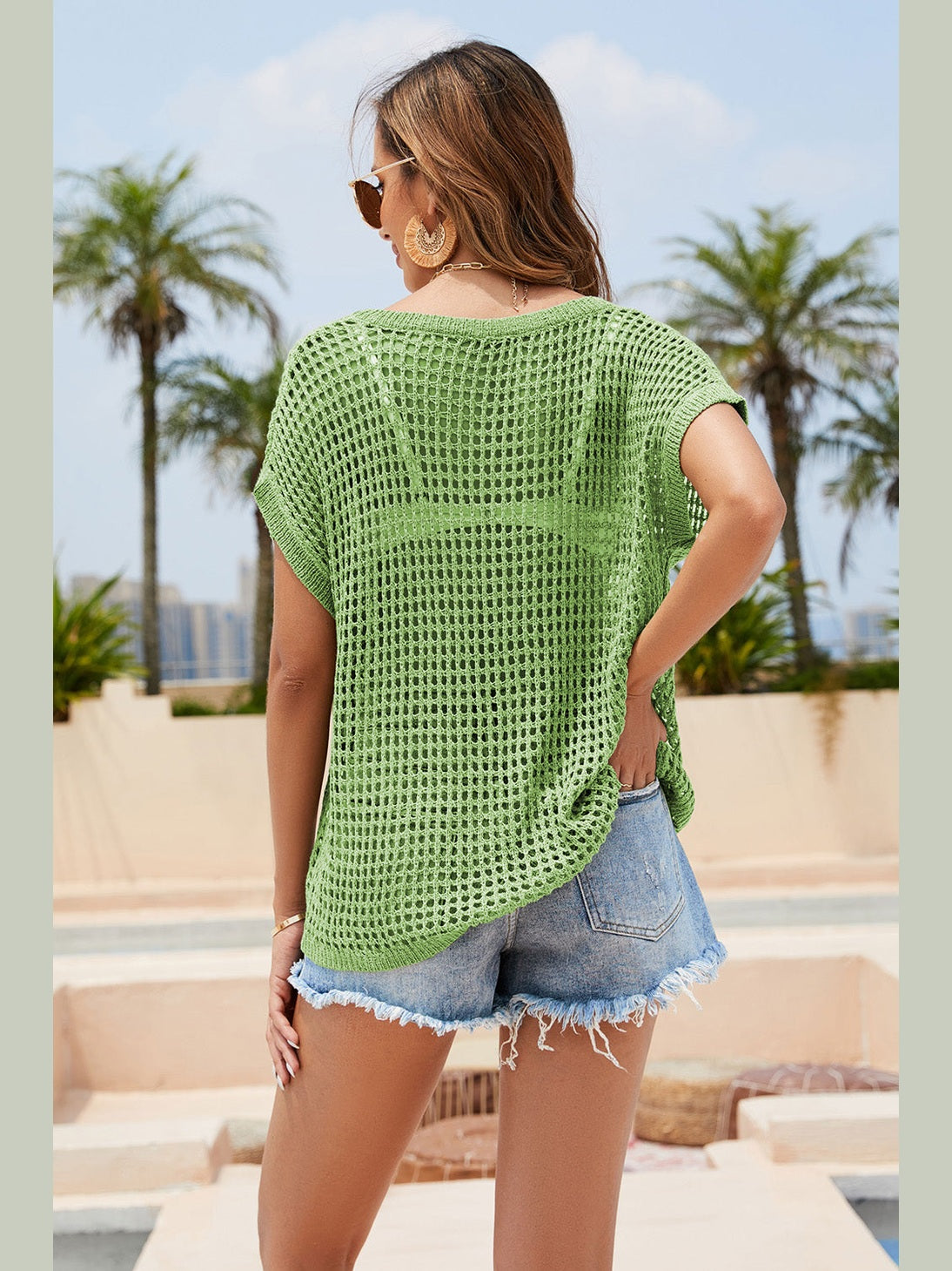 Double Take Openwork Round Neck Short Sleeve Knit Cover Up NicholesGifts