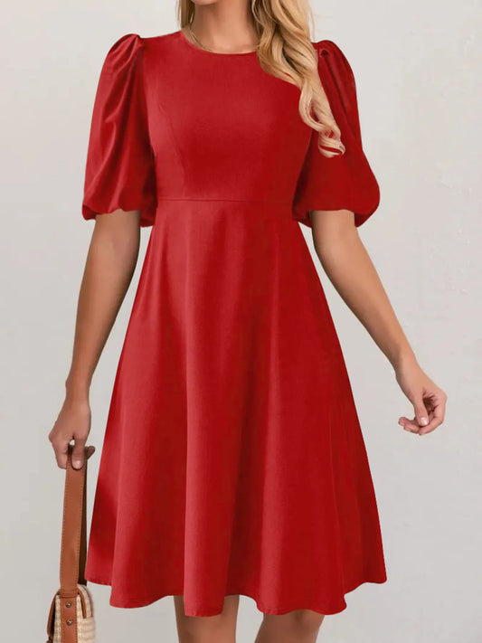 Round Neck Puff Sleeve A-Line Dress NicholesGifts