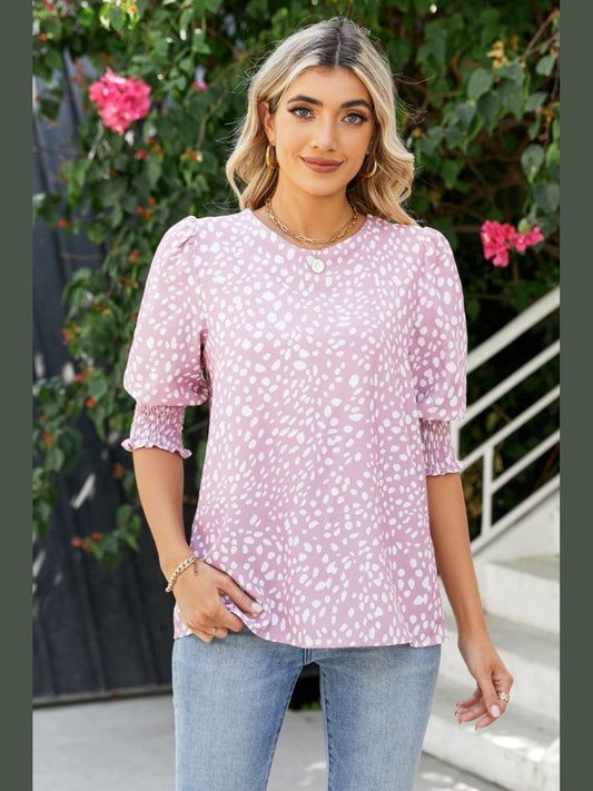 Polka Dot Round Neck Lantern Sleeve Blouse NicholesGifts