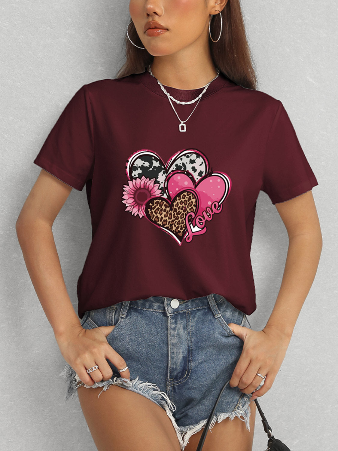 Women Heart Round Neck Short Sleeve T-Shirt NicholesGifts