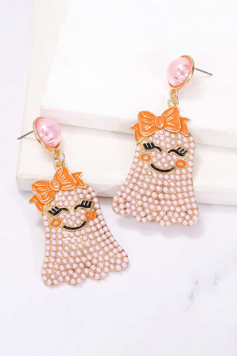 Women Smiling Ghost Shape Synthetic Pearl Earrings NicholesGifts