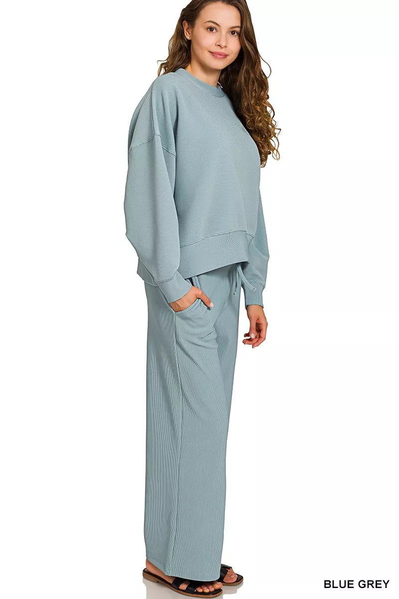 Zenana Ribbed Round Neck Pullover and Drawstring Pants Set Trendsi