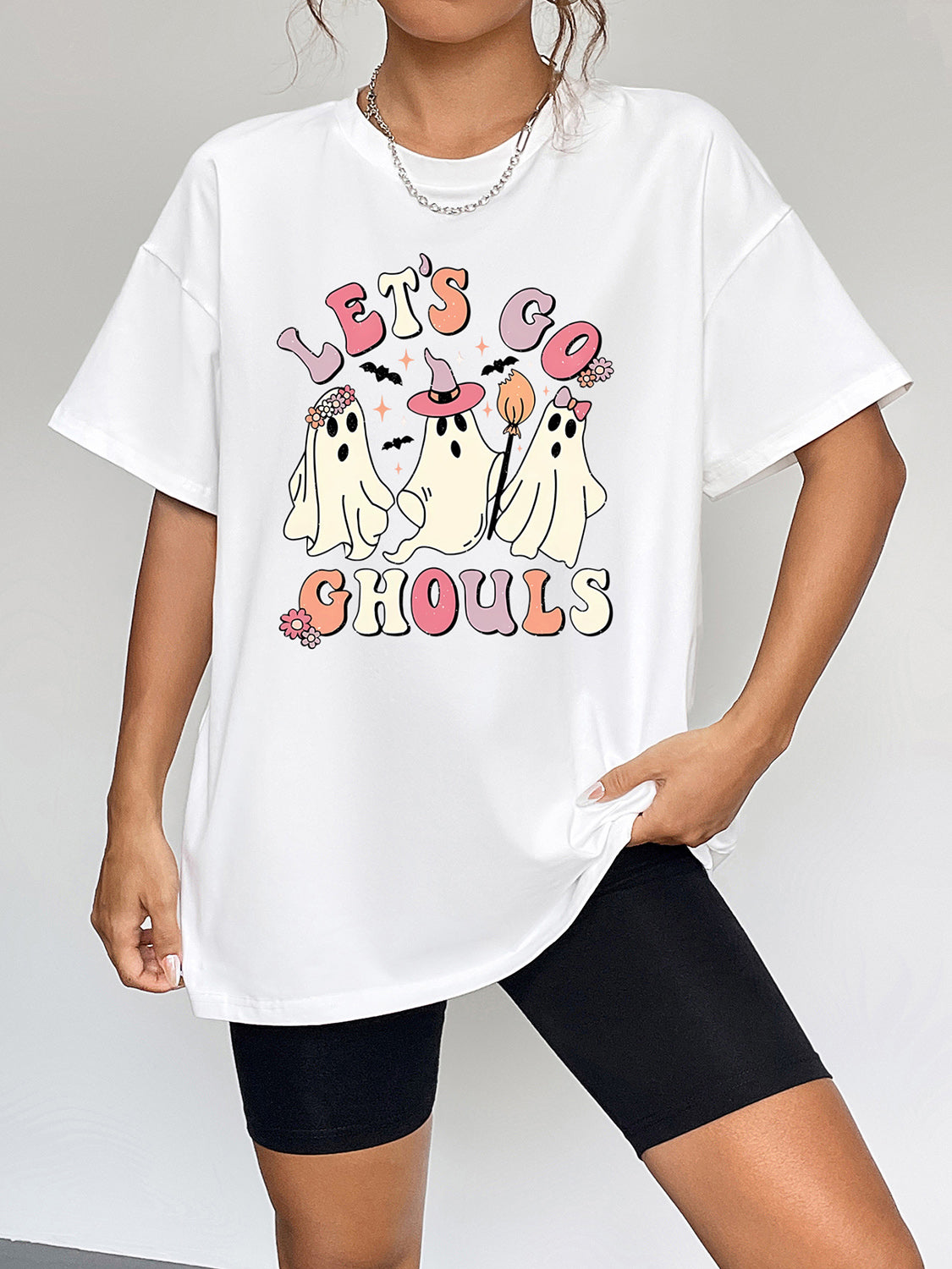 Round Neck Short Sleeve LET'S GO GHOULS Graphic T-Shirt NicholesGifts