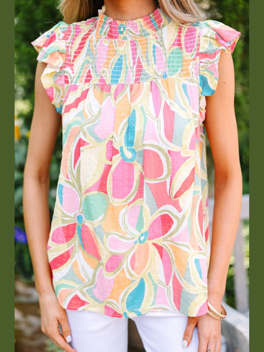 Ruffled Printed Mock Neck Cap Sleeve Blouse NicholesGifts