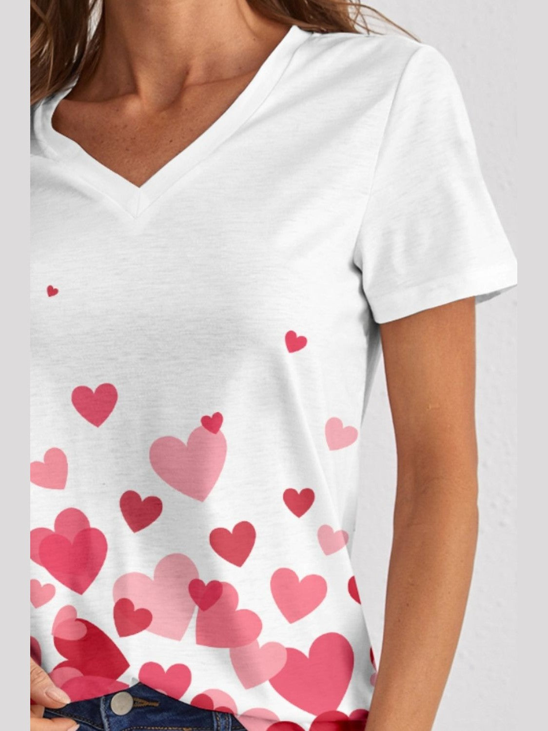 Women Heart V-Neck Short Sleeve White T-Shirt
