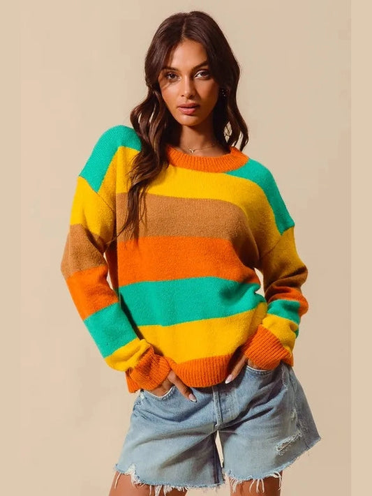 SO ME Multi Color Stripe Sweater with Ribbed Detail Trendsi