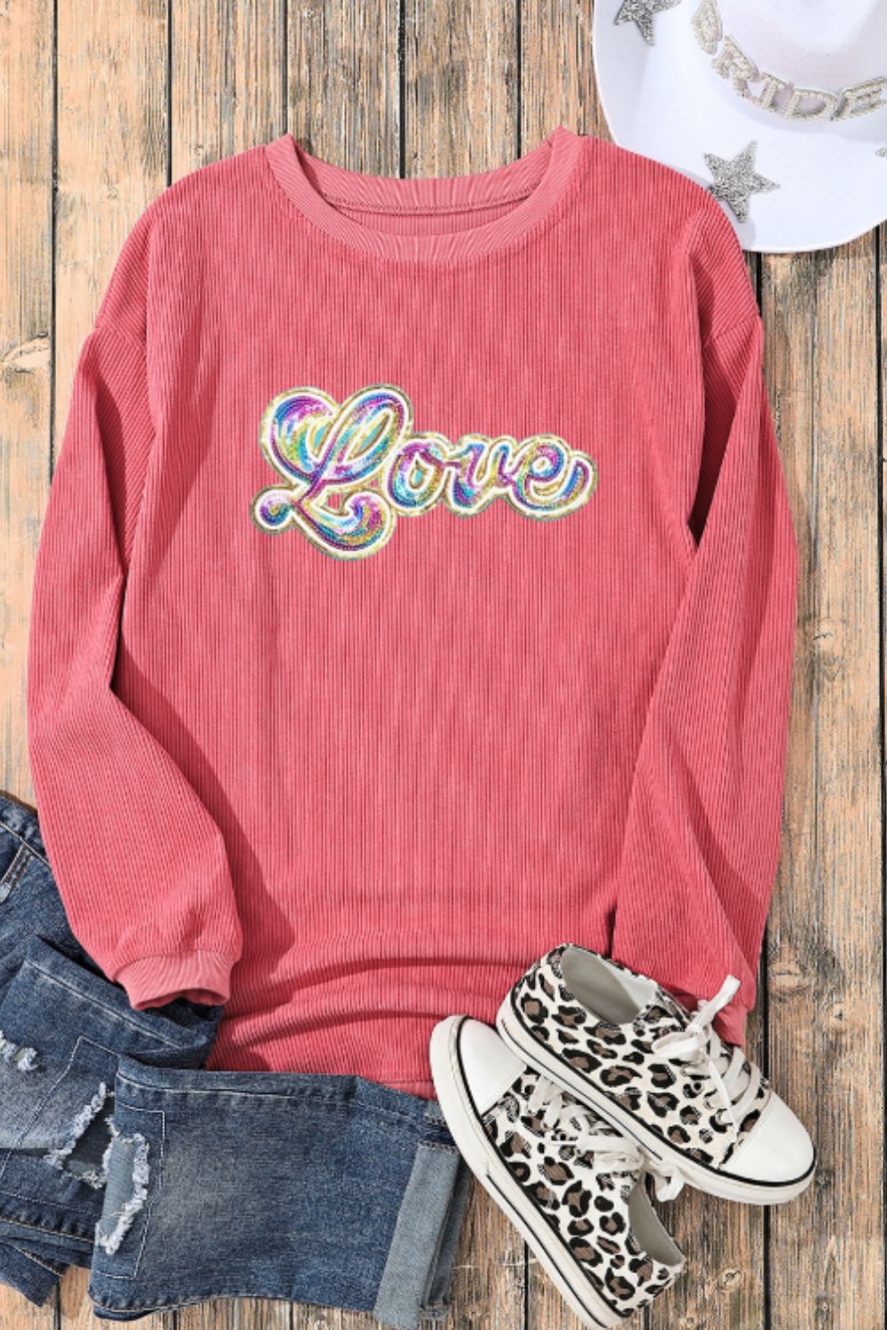 Women Valentine's Day LOVE Round Neck Long Sleeve Sweatshirt NicholesGifts