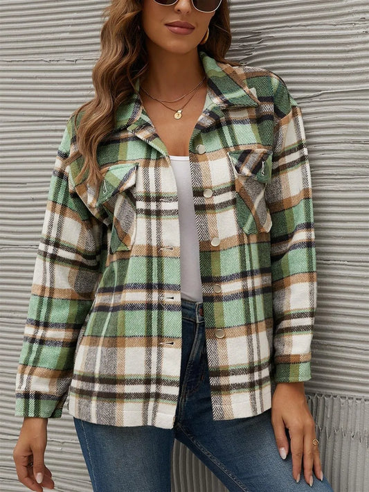 Plaid Collared Neck Long Sleeve Jacket Trendsi