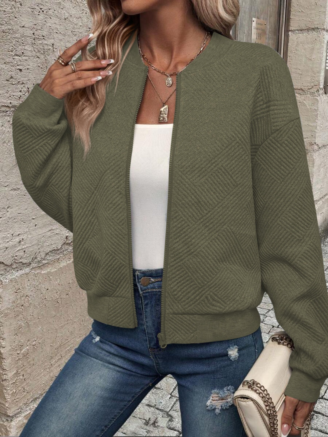 Textured Zip Up Long Sleeve Jacket NicholesGifts