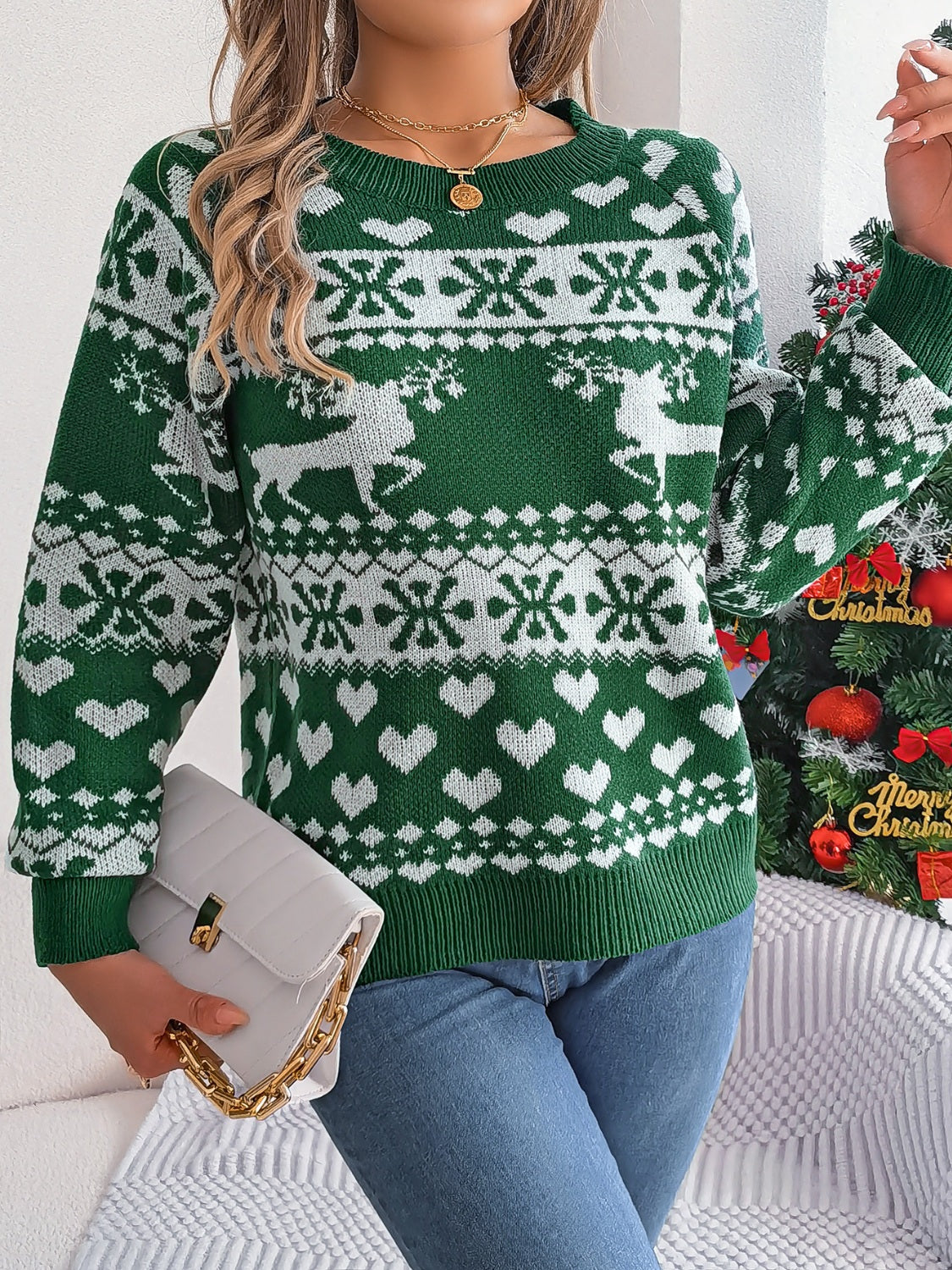 Christmas Element Round Neck Long Sleeve Sweater NicholesGifts