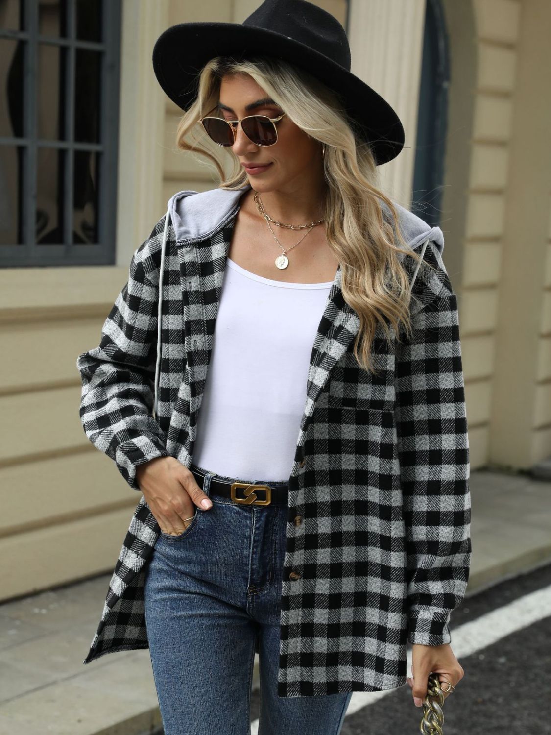 NicholesGifts Women Drawstring Plaid Long Sleeve Hooded Jacket NicholesGifts