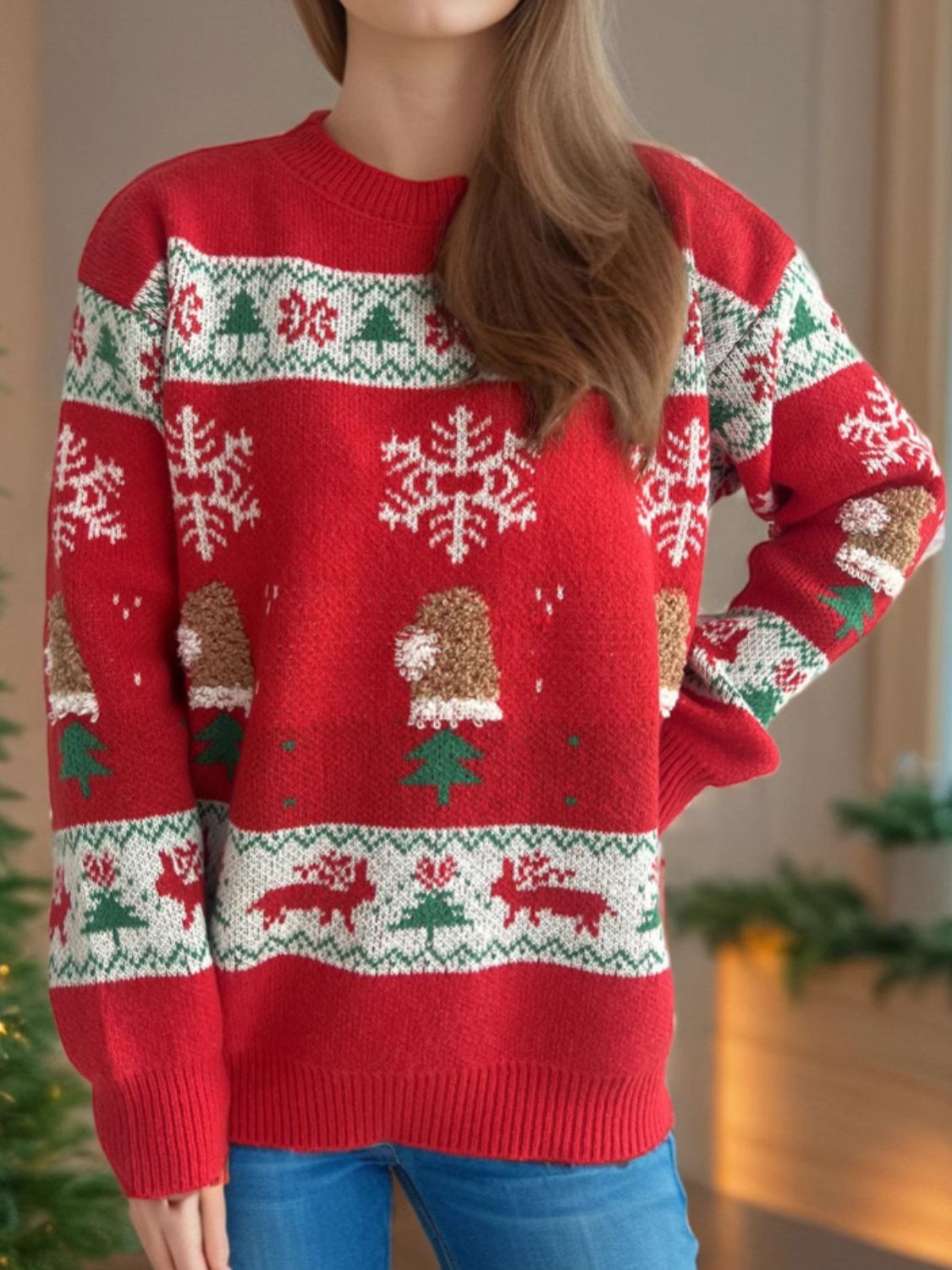 Christmas Element Round Neck Long Sleeve Sweater NicholesGifts