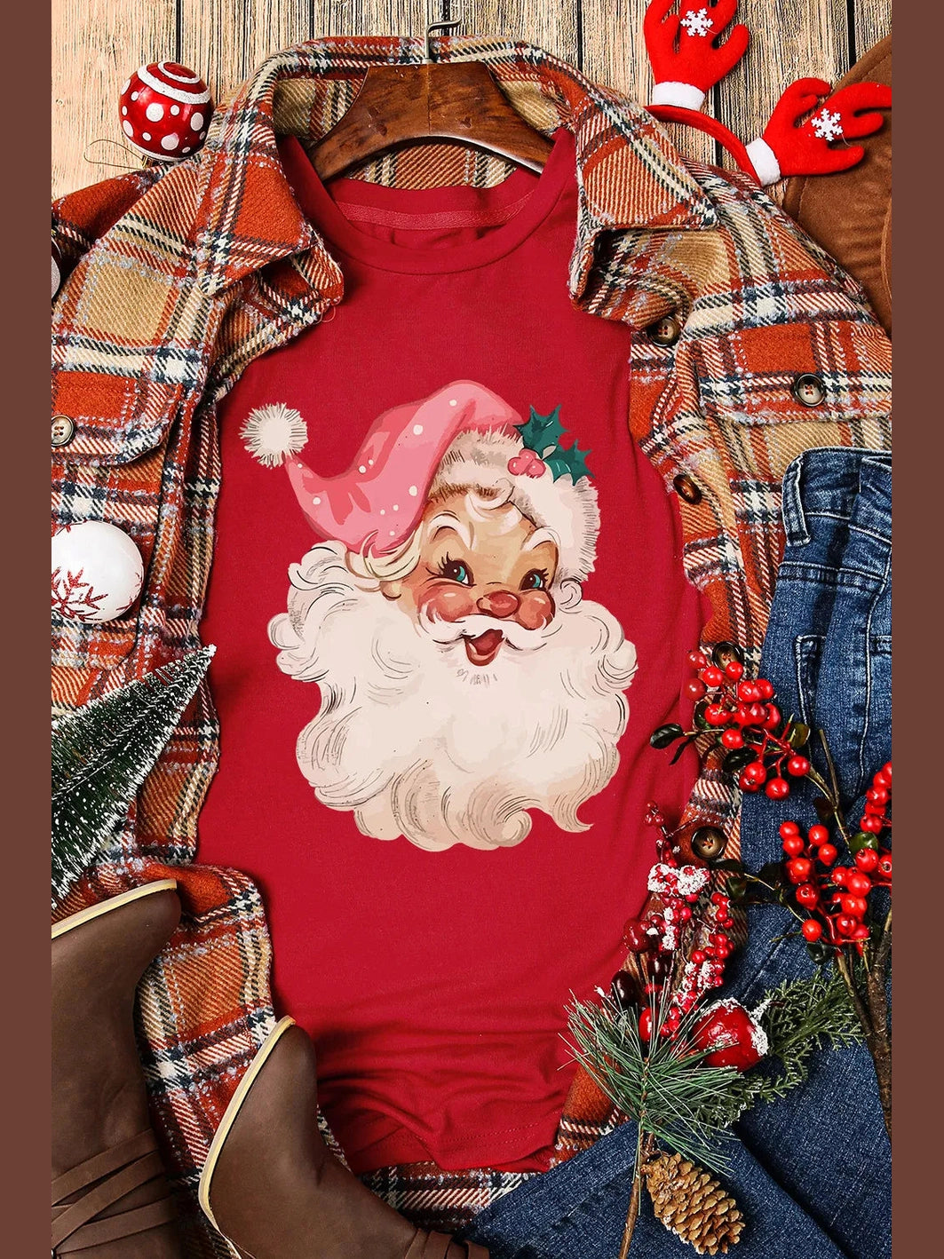 NicholesGifts Women Santa Round Neck Short Sleeve Christmas T-Shirt NicholesGifts