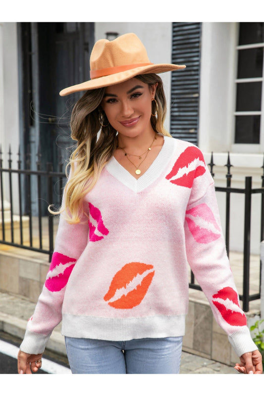 Women Angel Wings Lip V-Neck Drop Shoulder Sweater