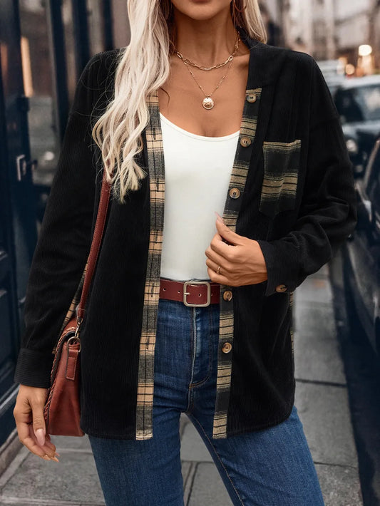 Pocketed Plaid Button Down Hooded Shacket Trendsi