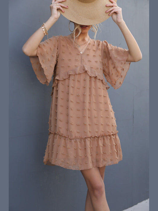 Women Camel Color Swiss Dot V-Neck Flutter Sleeve Mini Dress