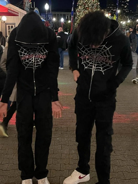 Men's Spider Web Rhinestones Zip-Up Hoodie NicholesGifts