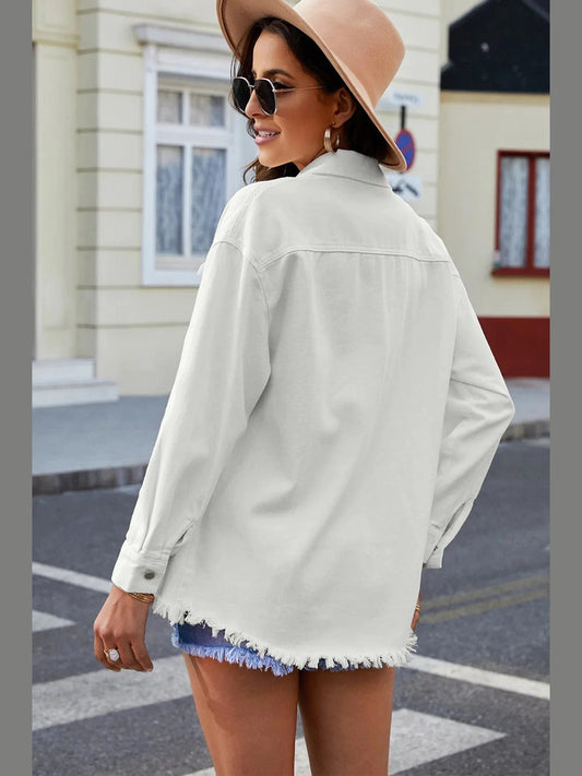 Button Up Pocketed Raw Hem Denim Jacket nicholesgifts