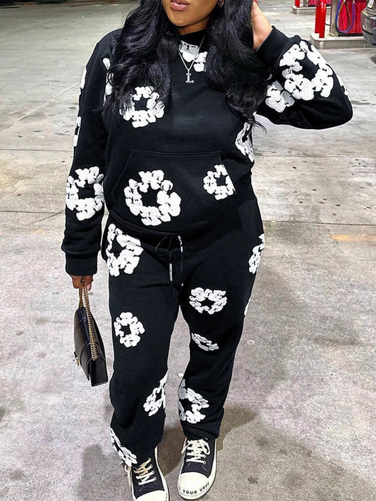 Printed Long Sleeve Hoodie and Pants Set Trendsi