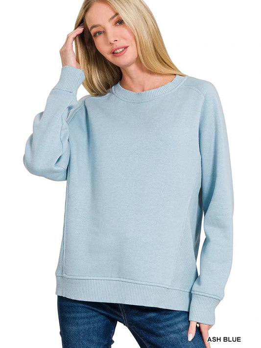 Zenana Fleece Round Neck Ribbed Side Raglan Sweatshirt NicholesGifts