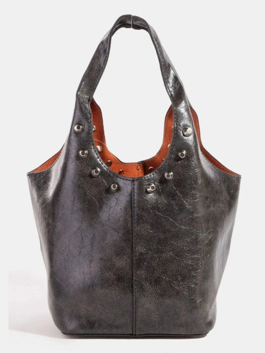 Fame Weathered Faux Leather And Studs Bucket Bag NicholesGifts