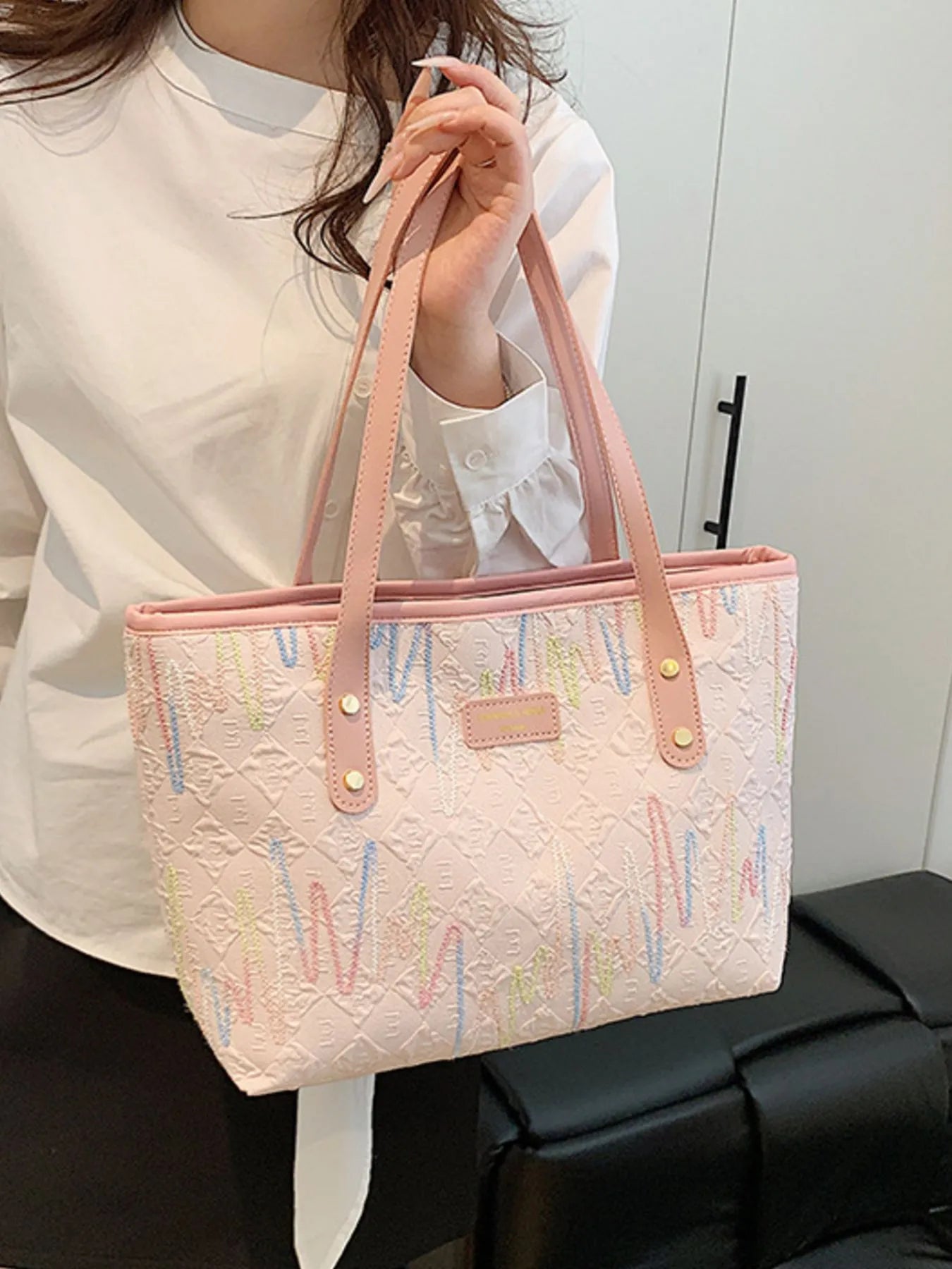 Contrast PU Leather Tote Bag Trendsi