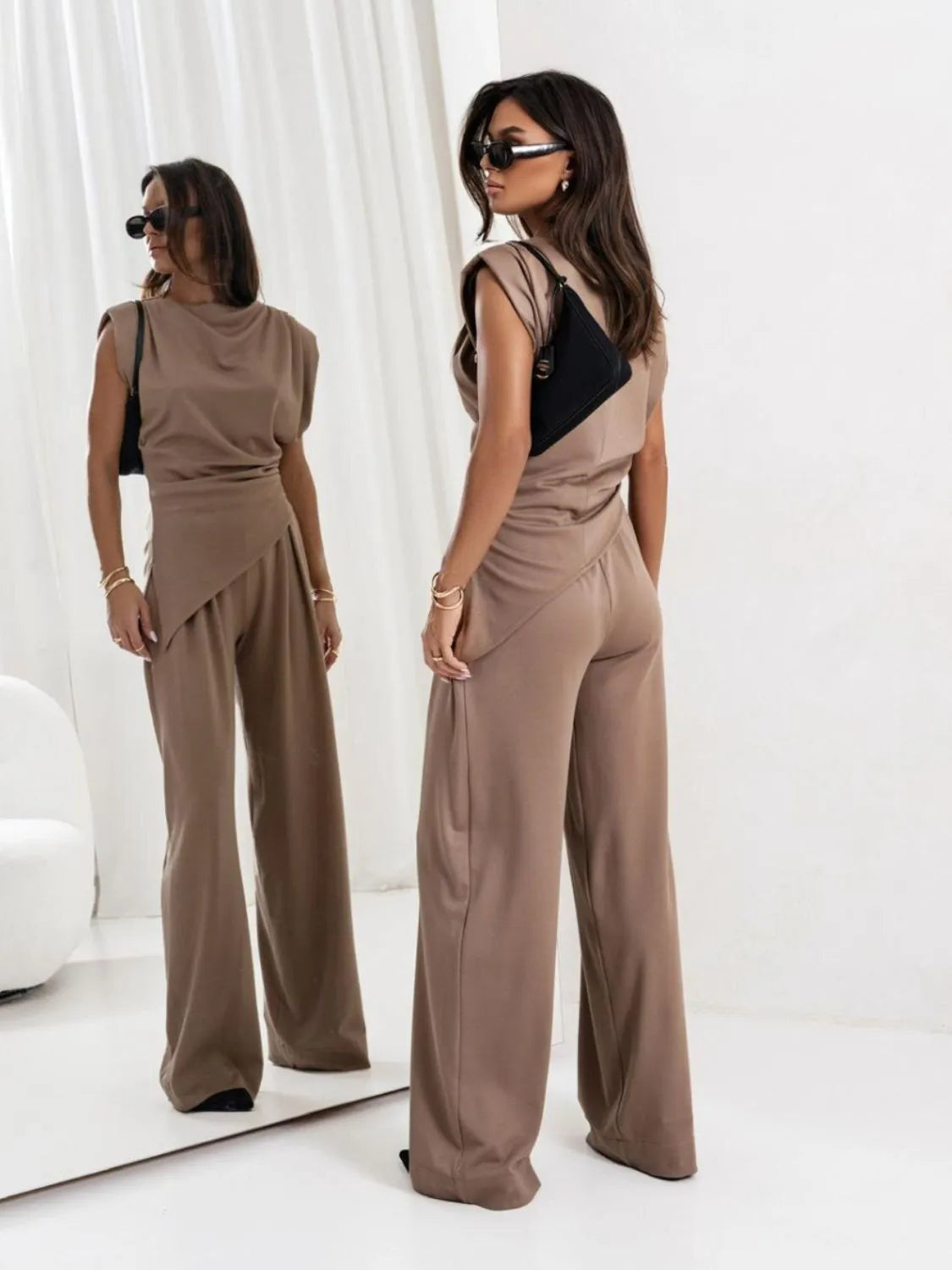 Slit Ruched Top and Wide Leg Pants Set nicholesgifts
