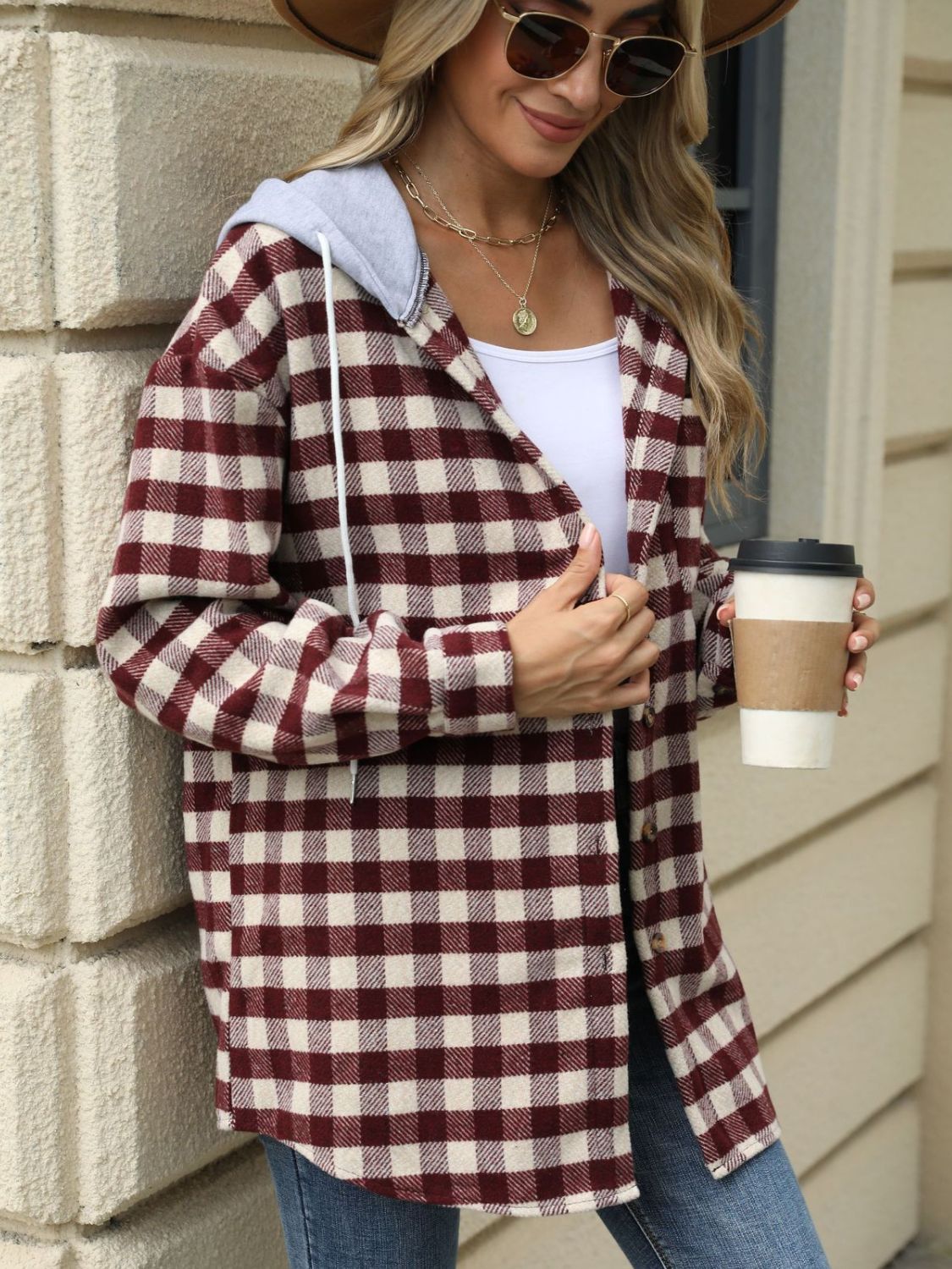 NicholesGifts Women Drawstring Plaid Long Sleeve Hooded Jacket NicholesGifts